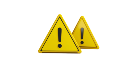 Two yellow, triangular hazard signs with exclamation points on black
