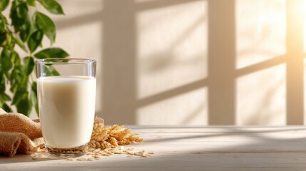 An aesthetic shot of a glass of milk on a wooden countertop bathed in sunlight, symbolizing purity and the simple pleasures of life in a serene, calming environment.