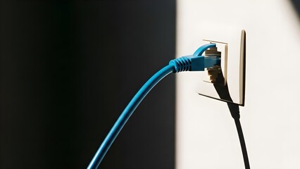 Close-up of a blue Ethernet cable plugged into a wall jack, dramatically lit. This symbolizes constant digital connection, the flow of data, and the state of being "Chronically online" and consuming 