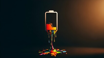 Low battery icon dripping colorful, melting substance, symbolizing digital burnout and energy drain from chronically online habits and endless mindless content scrolling.