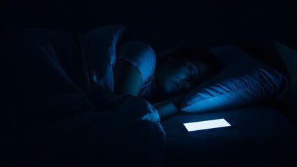 A person sleeps deeply in a dark room, the only light source being the bright screen of a smartphone resting next to them. This visualizes blue light interference with sleep and the modern addiction 