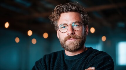 A bearded man with glasses gazes confidently at the camera, showcasing a relaxed yet assertive presence in a cozy, artistic workspace filled with hanging lights.