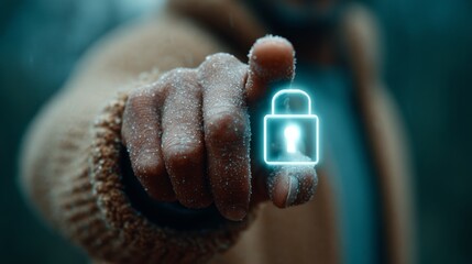 Secure your digital world by touching the glowing lock icon, ensuring data protection and privacy in a modern, connected era.