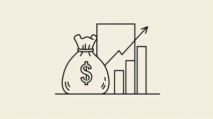 Stylized black and white illustration depicting financial growth with a money bag, dollar sign, bar chart,