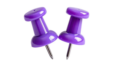 Two close-up purple pushpins, slightly angled, against a stark black background