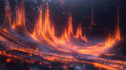 Abstract digital scene of fiery, glowing streams rising from a dark, particle-filled landscape