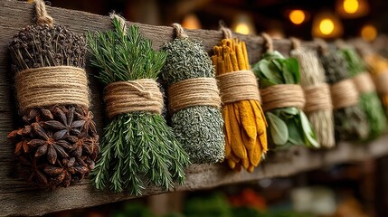 Dried herbs, spices, and botanicals tied with twine hanging on a wooden beam