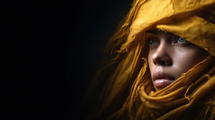 A striking portrait of a woman with captivating eyes wrapped in flowing yellow fabric against a dark backdrop, creating a dramatic and thought-provoking visual narrative of mystery and beauty.