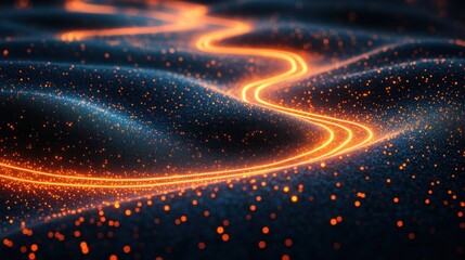 Abstract digital art depicting a glowing, winding path across a textured, dark surface