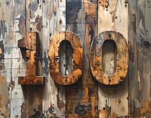 Wooden "100" numerals against a weathered wood background