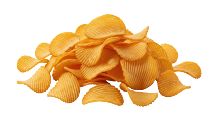 Pile of golden rippled potato chips isolated PNG, crispy snack food for party and picnic, salty appetizer on transparent background