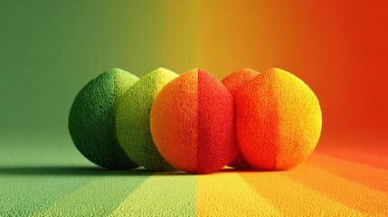 Vibrant gradient spheres transitioning colors, from green to red, with textured surfaces
