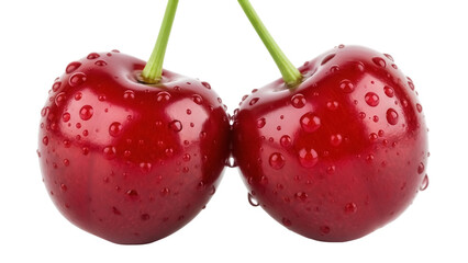 Two ripe red cherries with water droplets isolated PNG, fresh fruit on transparent background for healthy eating and summer designs