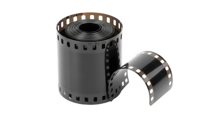Roll of black and gray 35mm film isolated PNG, photographic film strip with sprocket holes for analog photography on transparent background