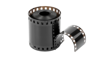 Roll of black and gray 35mm film isolated PNG, photographic film strip with sprocket holes for analog photography on transparent background