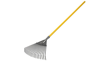 Metal leaf rake with yellow handle isolated PNG, gardening tool for lawn care and yard work on...
