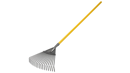 Metal leaf rake with yellow handle isolated PNG, gardening tool for lawn care and yard work on transparent background