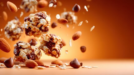 This vibrant image showcases a delightful arrangement of popcorn clusters coated in chocolate, surrounded by almonds and a warm, inviting backdrop that tempts the senses.