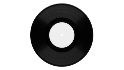 Black vinyl record isolated PNG, vintage music disc for DJ, audio recording, retro style, analog sound, musical instrument, on transparent background