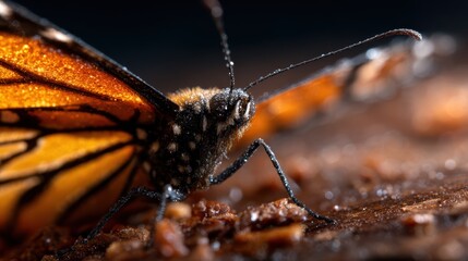 Obraz premium A stunning close-up view of a Monarch butterfly showcasing intricate details of its textured wings and enchanting colors, symbolizing nature's beauty and transformation.