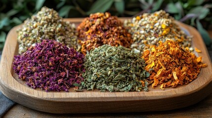 Wooden tray displaying various vibrant, dried herbs and flowers, arranged in colorful piles