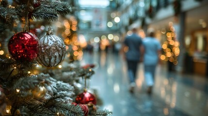 Blurred hospital hallway scene during Christmas with two nurses walking in the background and a decorated Christmas tree in focus.