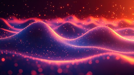 Abstract 3D rendering of glowing, wavy lines with particles, gradients, and a dark background
