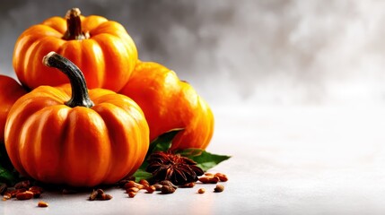 This image showcases a collection of vibrant orange pumpkins arranged with spices and fresh leaves, capturing the essence of fall and seasonal harvest aesthetics.