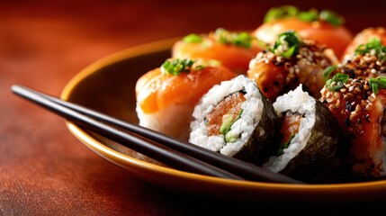 An artfully arranged sushi platter featuring a variety of rolls and toppings, showcasing culinary art that delights both the eyes and taste buds, perfect for a food lover's experience.