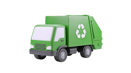 Green 3D cartoon garbage truck with recycling symbol