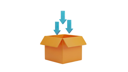 Three Blue Arrows Pointing Down into an Open Orange Cardboard Box