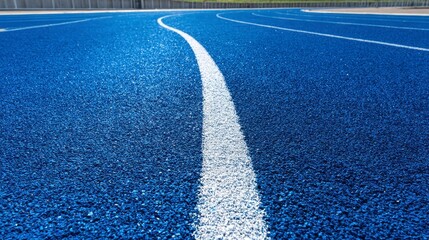 Close-up perspective of a vibrant blue running track with a white stripe dividing the lanes. The track curves gently into the distance
