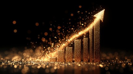 A stylized golden graph ascends into an upward arrow, with glittering bokeh against a black background. Represents growth and success
