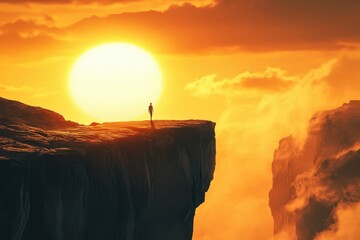 Sunset view from a cliff with a solitary figure enjoying the breathtaking landscape
