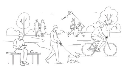 People Relaxing in Park with Dog and Bicycle during Leisure Time