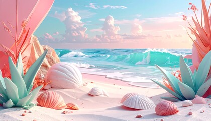 A pastel beach scene with stylized plants and seashells framing the turquoise ocean under a dreamy sky