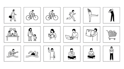 Fototapeta premium Set of Simple Line Art Icons Depicting Various Human Activities and Emotions in Black and White