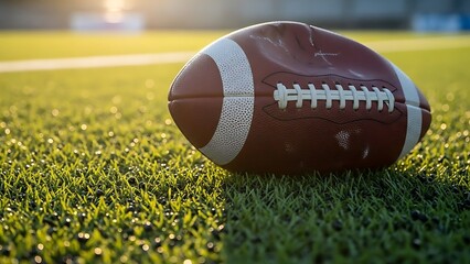 Close-Up American Football Resting on Green Turf Field image photo