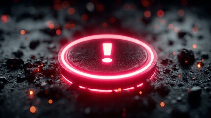Urgent warning glowing neon red exclamation mark on dark textured surface with fiery embers symbolizing critical alert or danger ahead