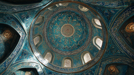 翡翠と藍墨に寄せた古色のモザイク天井を正面から静謐に示す