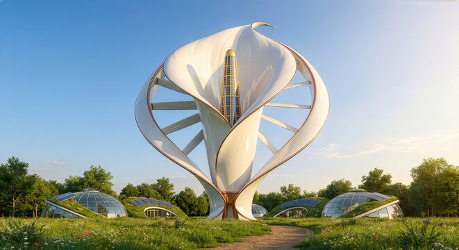 Futuristic Solarpunk Flower Wind Turbine Architecture - Powered by Adobe