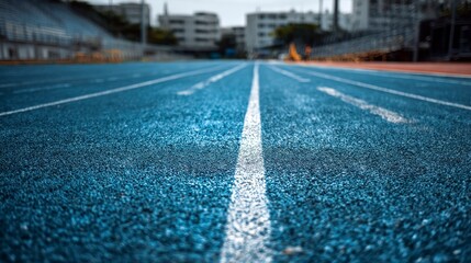Low-angle perspective of a blue athletic track with white lane lines, leading towards blurred buildings. The track is textured, showing signs of use