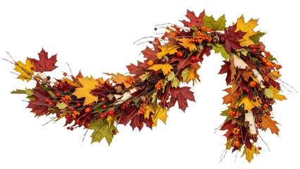 Autumn foliage garland with leaves and berries isolated on transparent background