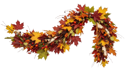 Autumn foliage garland with leaves and berries isolated on transparent background
