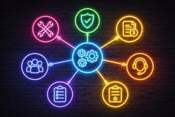 Obraz premium Neon illuminated gears and symbols reflecting operational strategies showcasing teamwork, cybersecurity, financial planning, and customer support within a vibrant ecosystem