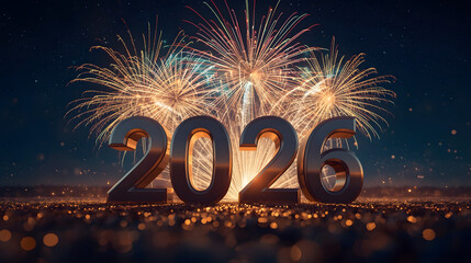 Bold Dark 2026 Numbers Against Bright Golden Fireworks Backdrop