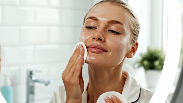 Woman Cleansing Face With Cotton Pad in Bathroom, Beauty Routine
