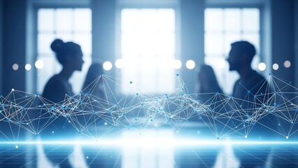 Silhouettes of people in a bright room with a digital network overlay