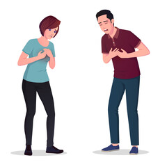 Fototapeta premium Young Man And Woman Having Chest Pain, People Holding their chest with both hands In Pain, Heart Attack vector Illustration