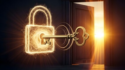 Glowing padlock on a door with light shining through